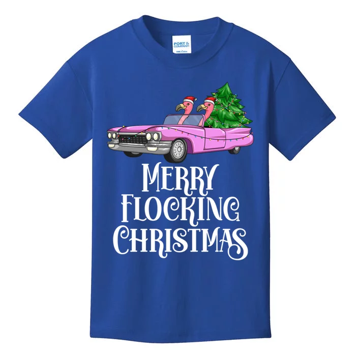 Merry Flocking Christmas Pink Flamingos Pink Car And Xmas Tree Cute Gift Kids T-Shirt