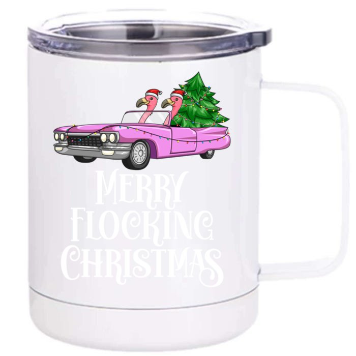 Merry Flocking Christmas Pink Flamingos Pink Car And Xmas Tree Cute Gift Front & Back 12oz Stainless Steel Tumbler Cup