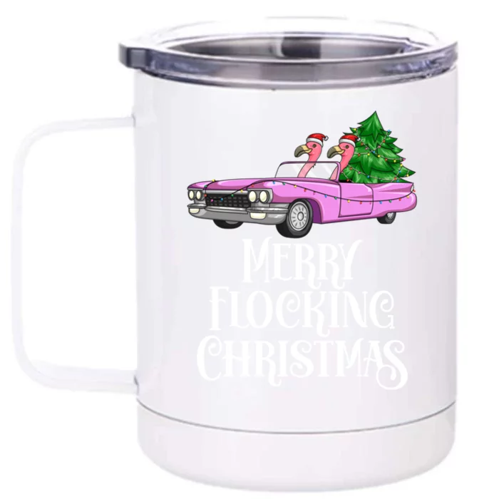 Merry Flocking Christmas Pink Flamingos Pink Car And Xmas Tree Cute Gift Front & Back 12oz Stainless Steel Tumbler Cup