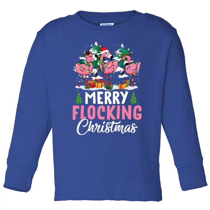 Merry Flocking Christmas Flamingo Pink In Santa Hat Gift Fun Gift Toddler Long Sleeve Shirt