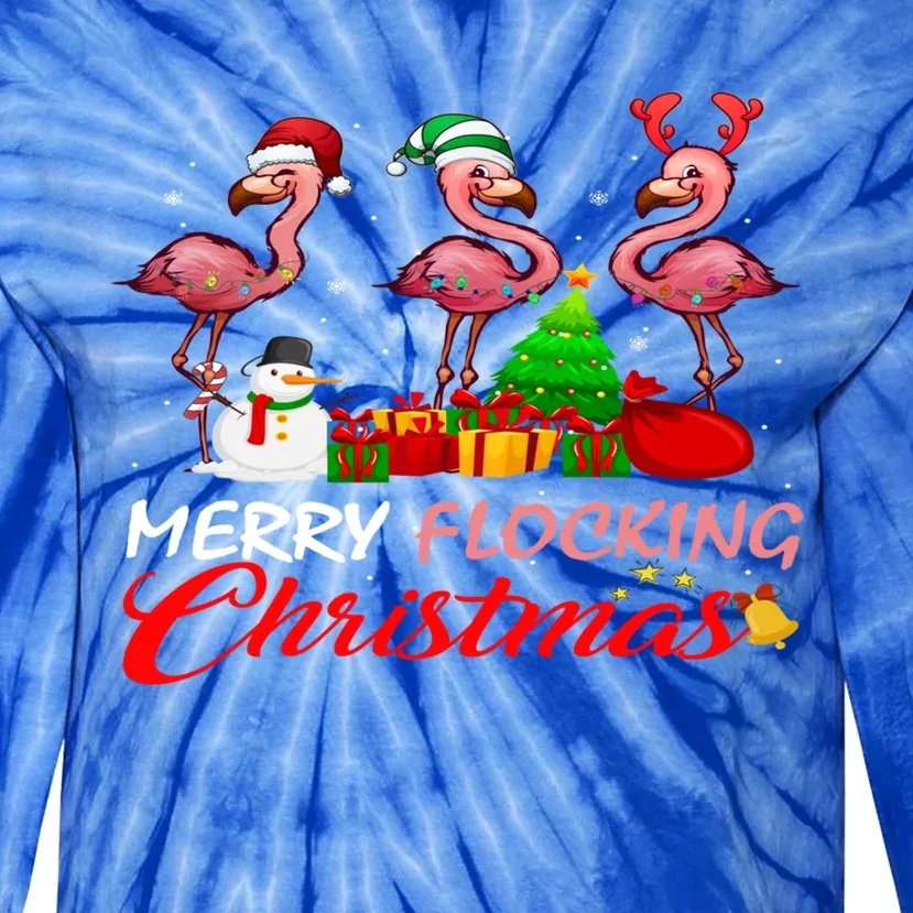 Merry Flocking Christmas Flamingo Pink In Santa Hat Gift Tie-Dye Long Sleeve Shirt