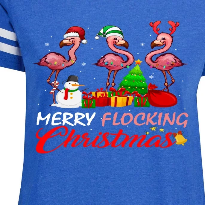 Merry Flocking Christmas Flamingo Pink In Santa Hat Gift Enza Ladies Jersey Football T-Shirt