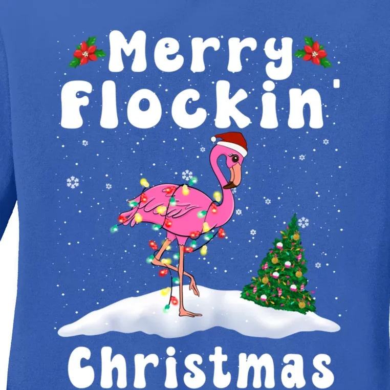 Merry Flocking Christmas Funny Xmas Flamingo Santa Hat Xmas Gift Ladies Long Sleeve Shirt