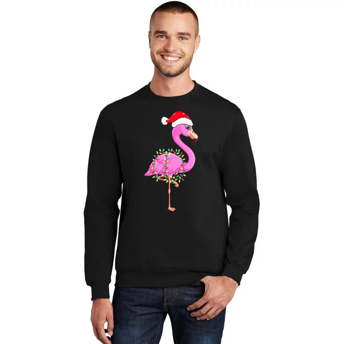 Merry Flocking Christmas Flamingo Pink Santa Hat Xmas Lights Tall Sweatshirt