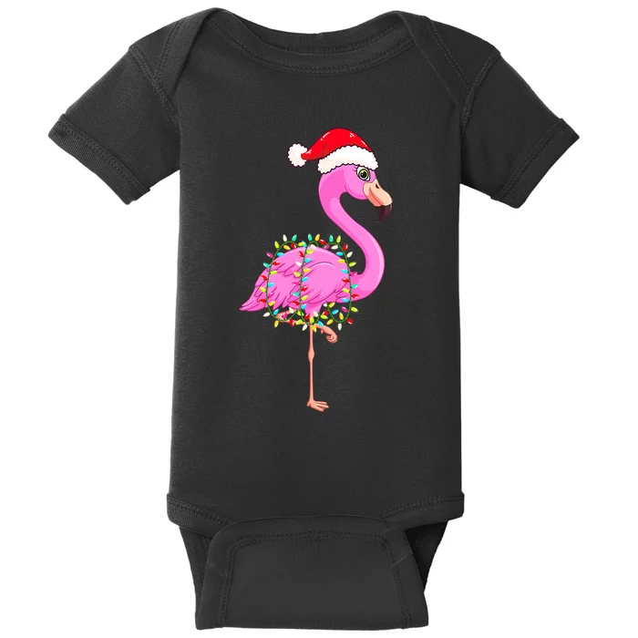 Merry Flocking Christmas Flamingo Pink Santa Hat Xmas Lights Baby Bodysuit