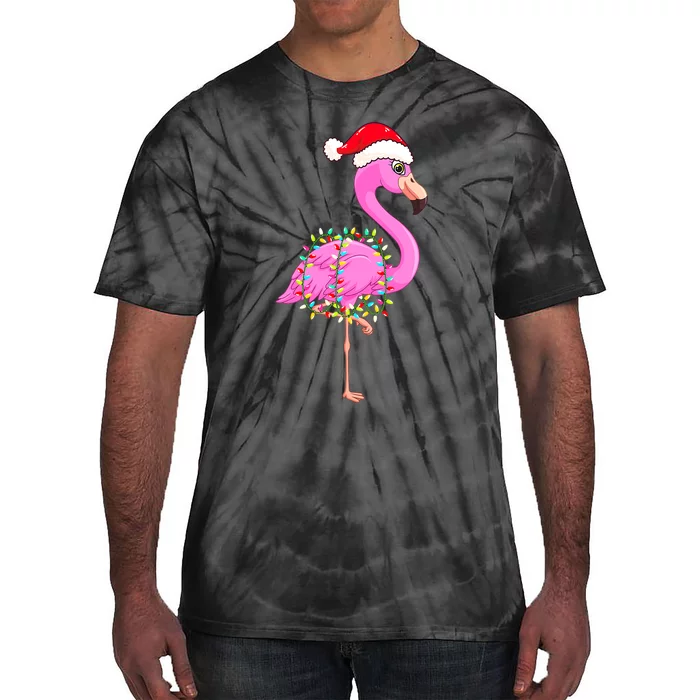 Merry Flocking Christmas Flamingo Pink Santa Hat Xmas Lights Tie-Dye T-Shirt