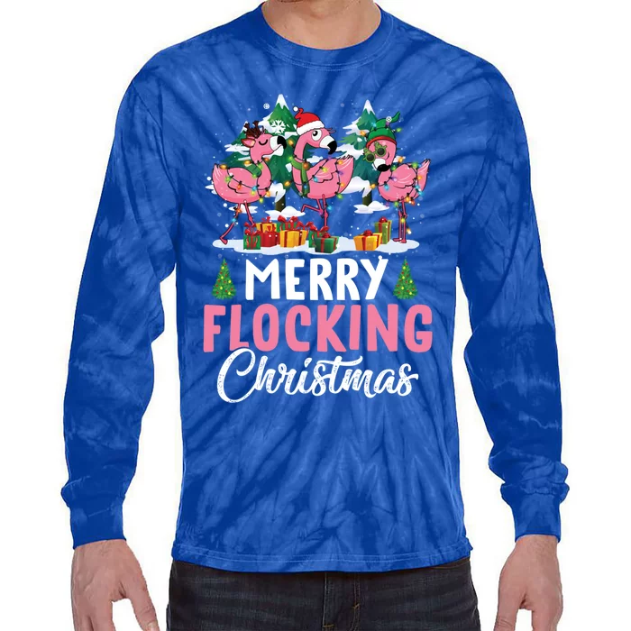 Merry Flocking Christmas Flamingo Pink In Santa Hat Gift Fun Gift Tie-Dye Long Sleeve Shirt