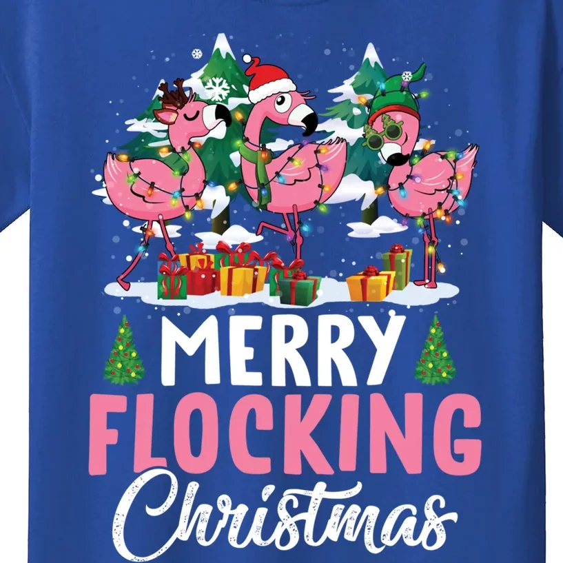 Merry Flocking Christmas Flamingo Pink In Santa Hat Gift Fun Gift Kids T-Shirt