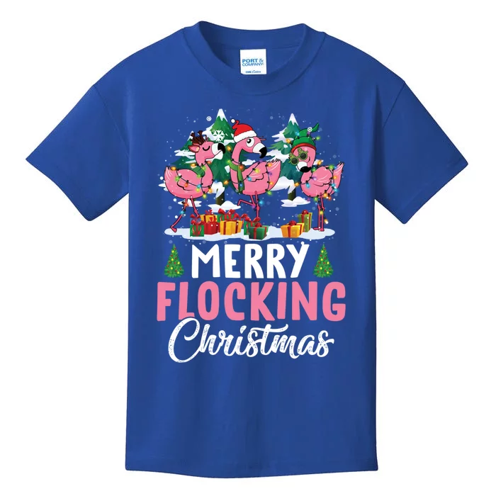 Merry Flocking Christmas Flamingo Pink In Santa Hat Gift Fun Gift Kids T-Shirt