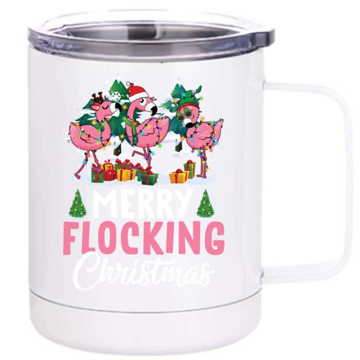 Merry Flocking Christmas Flamingo Pink In Santa Hat Gift Fun Gift Front & Back 12oz Stainless Steel Tumbler Cup