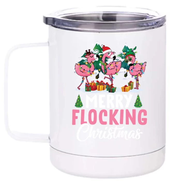 Merry Flocking Christmas Flamingo Pink In Santa Hat Gift Fun Gift Front & Back 12oz Stainless Steel Tumbler Cup