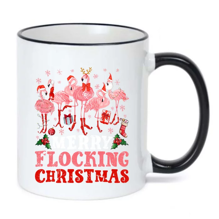 Merry Flocking Christmas Flamingo Pink In Santa Hat Holiday Gift Black Color Changing Mug