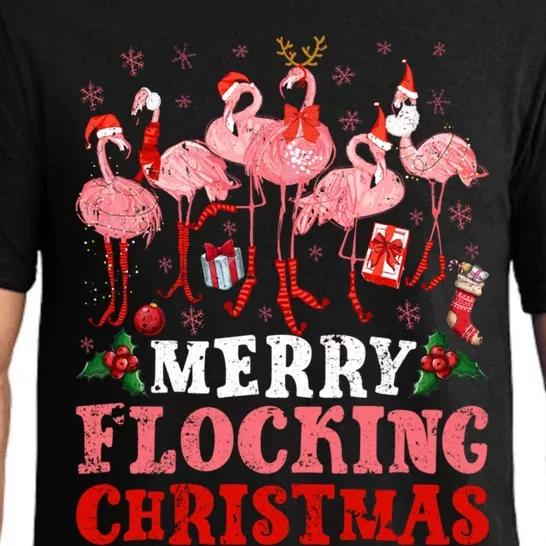 Merry Flocking Christmas Flamingo Pink In Santa Hat Holiday Gift Pajama Set