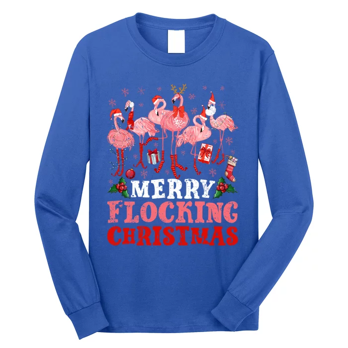 Merry Flocking Christmas Flamingo Pink In Santa Hat Holiday Gift Long Sleeve Shirt