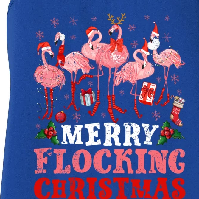 Merry Flocking Christmas Flamingo Pink In Santa Hat Holiday Gift Women's Racerback Tank