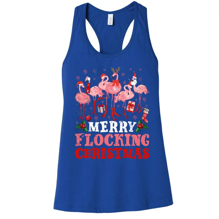 Merry Flocking Christmas Flamingo Pink In Santa Hat Holiday Gift Women's Racerback Tank