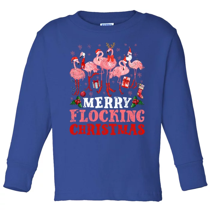 Merry Flocking Christmas Flamingo Pink In Santa Hat Holiday Gift Toddler Long Sleeve Shirt