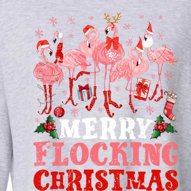 Merry Flocking Christmas Flamingo Pink In Santa Hat Holiday Gift Cropped Pullover Crew