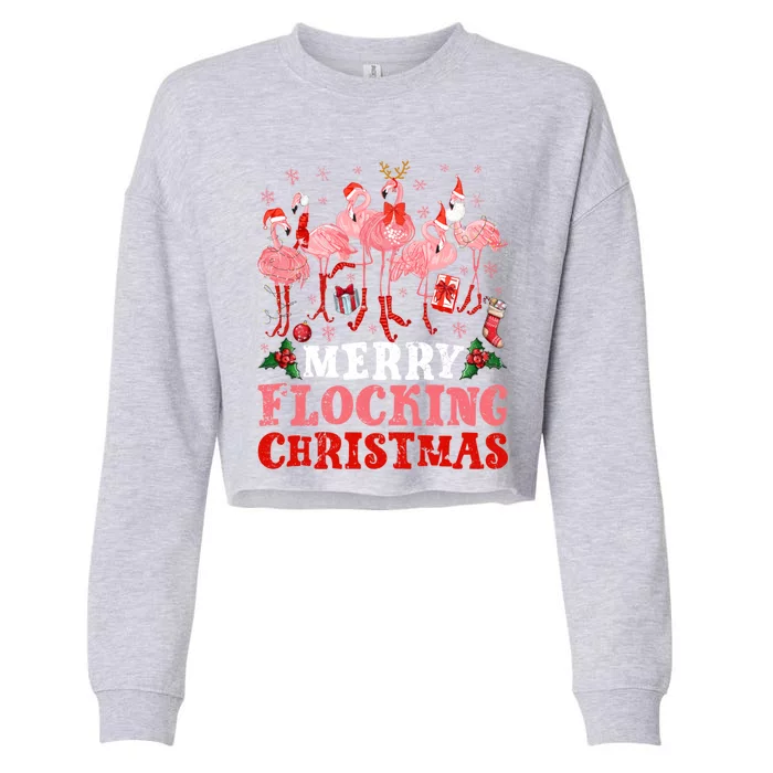 Merry Flocking Christmas Flamingo Pink In Santa Hat Holiday Gift Cropped Pullover Crew