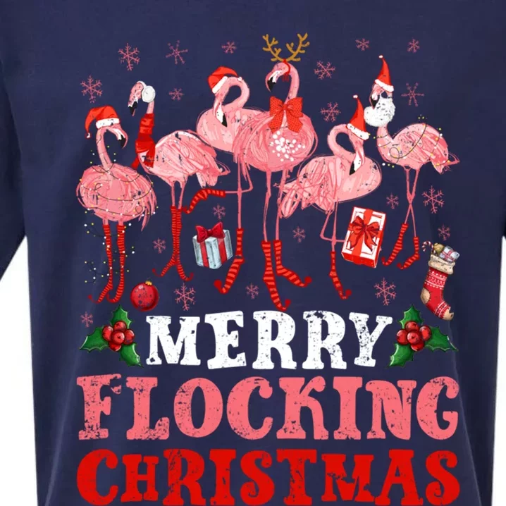 Merry Flocking Christmas Flamingo Pink In Santa Hat Holiday Gift Sueded Cloud Jersey T-Shirt