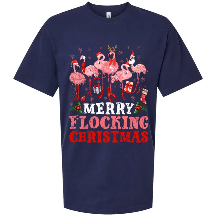 Merry Flocking Christmas Flamingo Pink In Santa Hat Holiday Gift Sueded Cloud Jersey T-Shirt