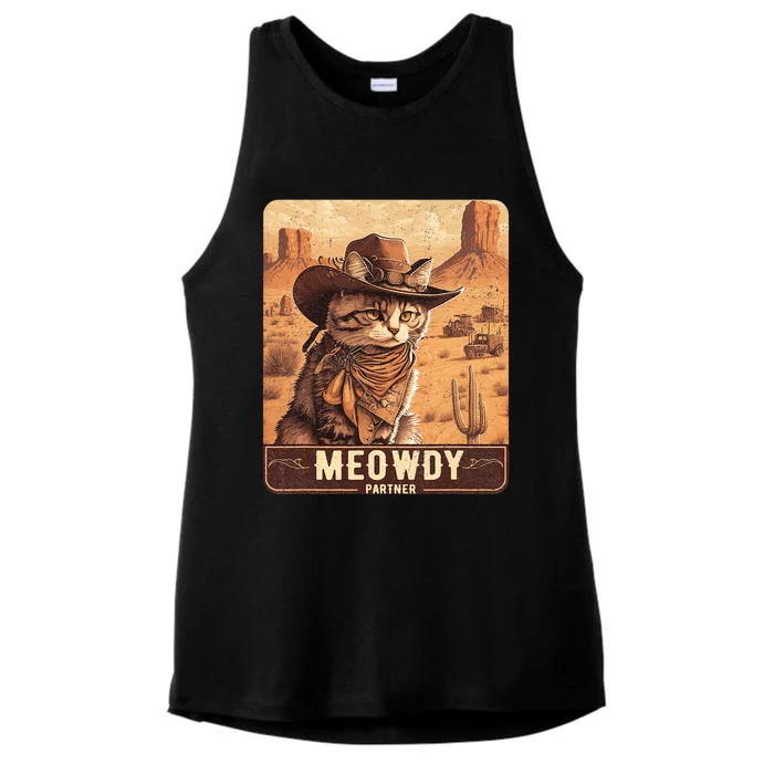 Meowdy! Funny Country Music Cat Cowboy Hat Poster Ladies Tri-Blend Wicking Tank