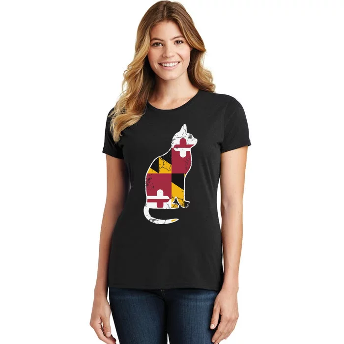 Maryland Flag Calico Cat Vintage Distressed Fade Women's T-Shirt