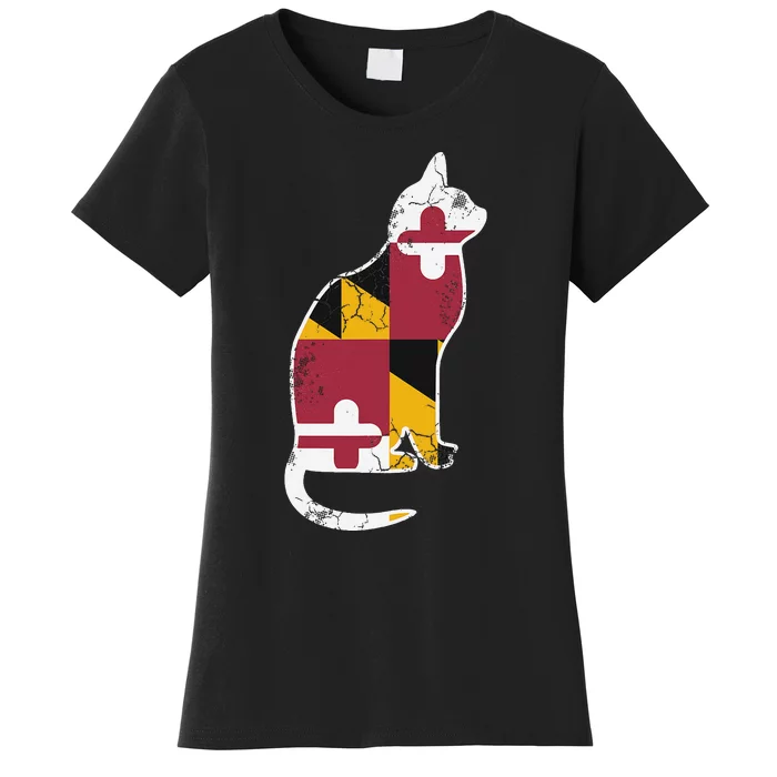 Maryland Flag Calico Cat Vintage Distressed Fade Women's T-Shirt