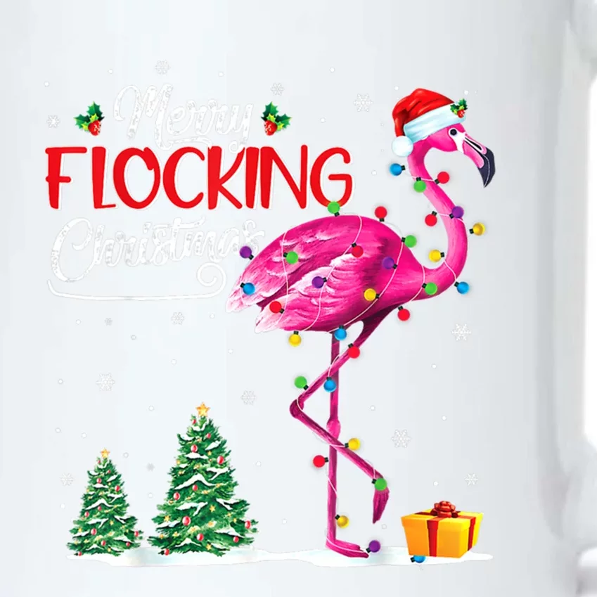 Merry Flocking Christmas Flamingo Pink In Santa Hat Xmas Cute Gift Black Color Changing Mug