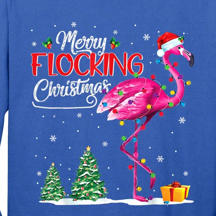 Merry Flocking Christmas Flamingo Pink In Santa Hat Xmas Cute Gift Tall Long Sleeve T-Shirt