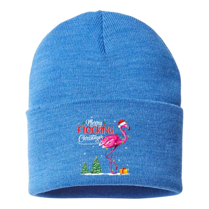 Merry Flocking Christmas Flamingo Pink In Santa Hat Xmas Cute Gift Sustainable Knit Beanie