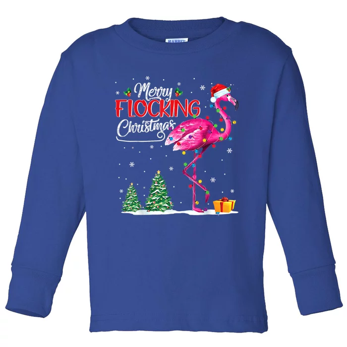 Merry Flocking Christmas Flamingo Pink In Santa Hat Xmas Cute Gift Toddler Long Sleeve Shirt