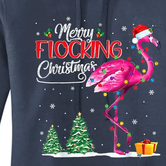 Merry Flocking Christmas Flamingo Pink In Santa Hat Xmas Cute Gift Women's Pullover Hoodie