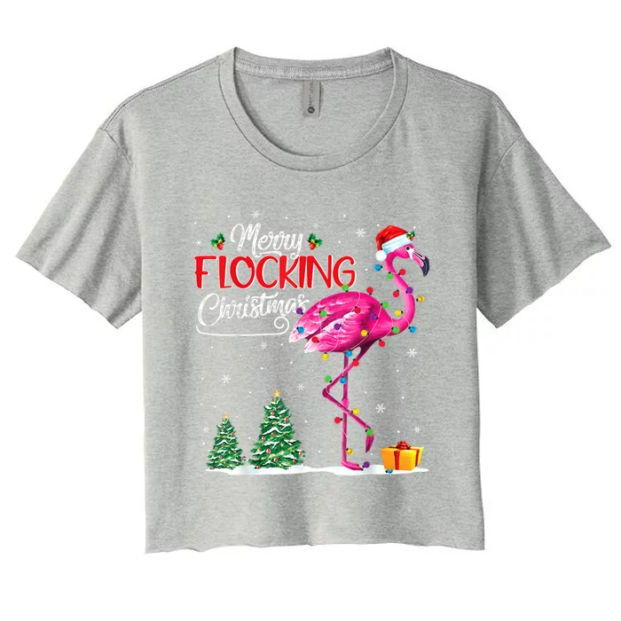 Merry Flocking Christmas Flamingo Pink In Santa Hat Xmas Cute Gift Women's Crop Top Tee