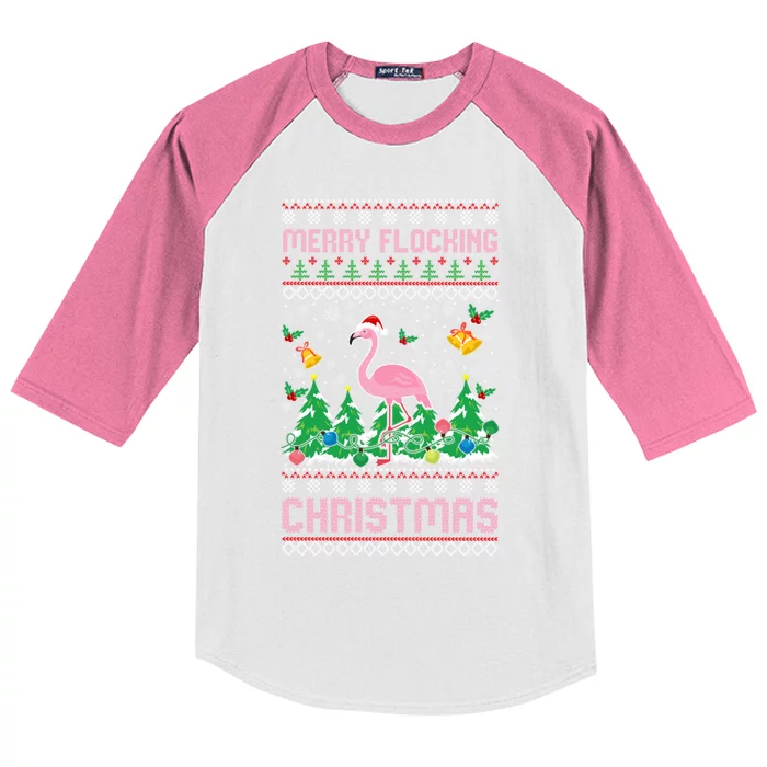 Merry Flocking Christmas Pajama Funny Flamingo Ugly Xmas Gift Kids Colorblock Raglan Jersey