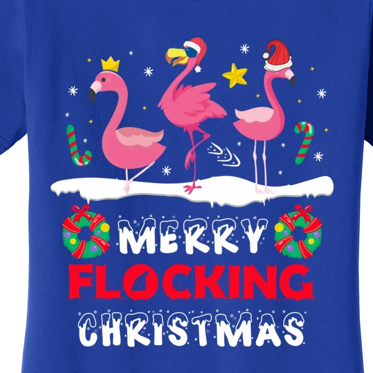 Merry Flocking Christmas Pink Flamingo Dancing On Snow Xmas Gift Women's T-Shirt