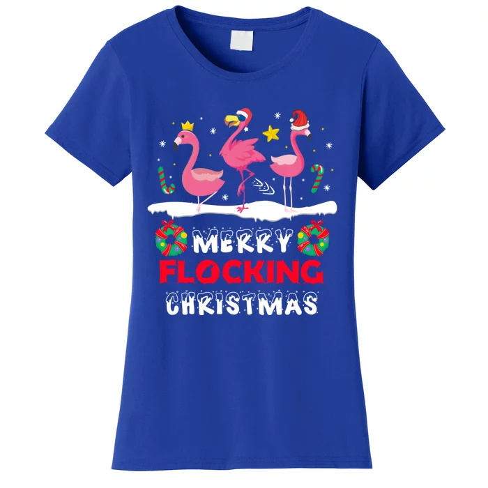 Merry Flocking Christmas Pink Flamingo Dancing On Snow Xmas Gift Women's T-Shirt