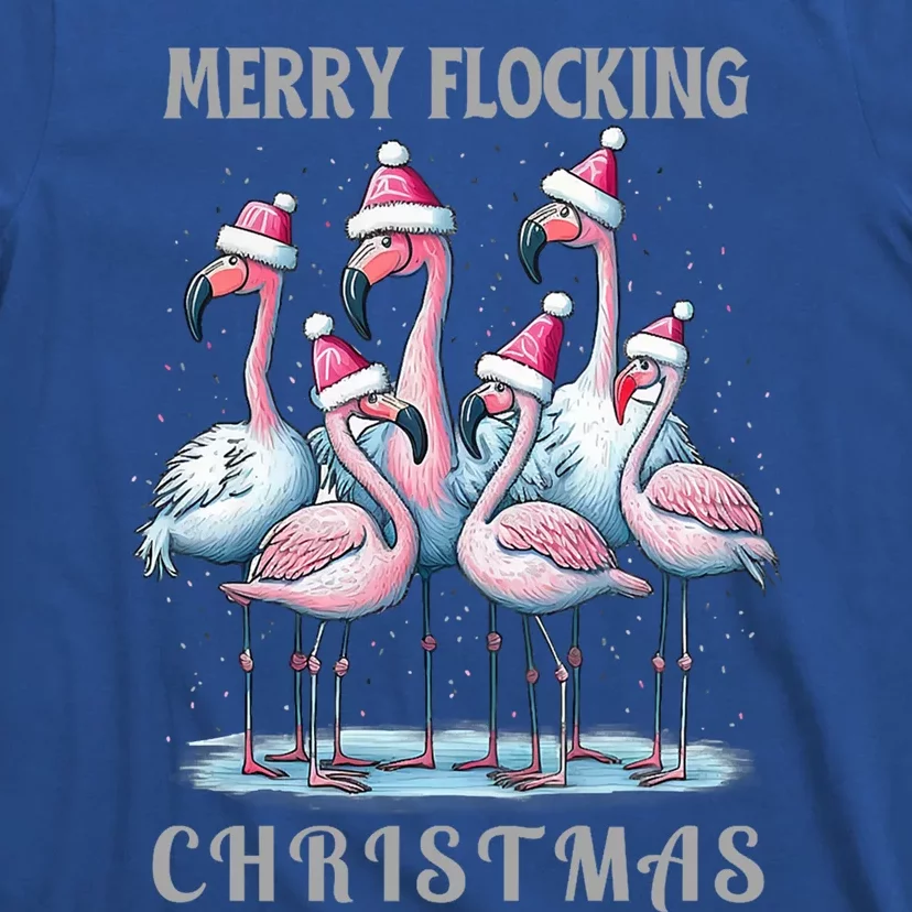 Merry Flocking Christmas Pink Flamingoes With Santa Hat Meaningful Gift T-Shirt