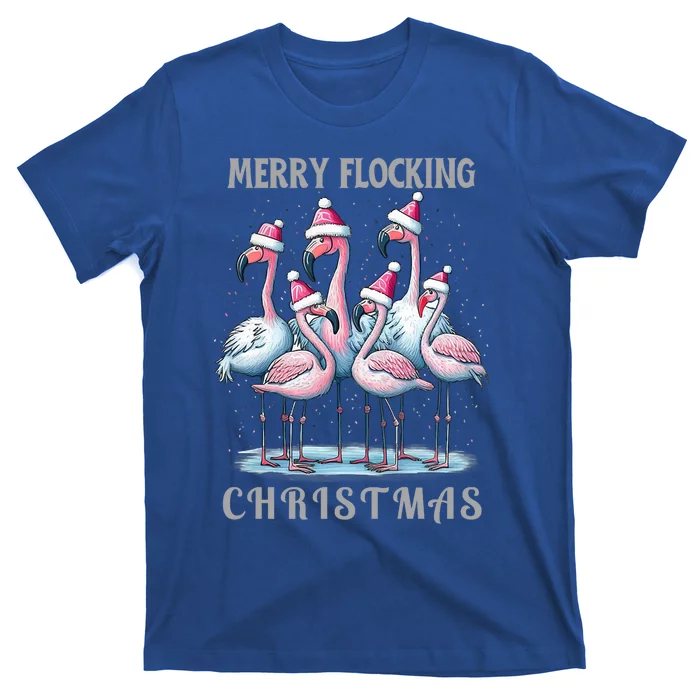 Merry Flocking Christmas Pink Flamingoes With Santa Hat Meaningful Gift T-Shirt