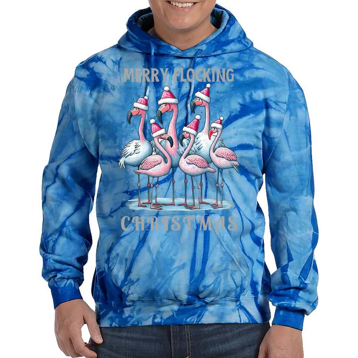 Merry Flocking Christmas Pink Flamingoes With Santa Hat Meaningful Gift Tie Dye Hoodie