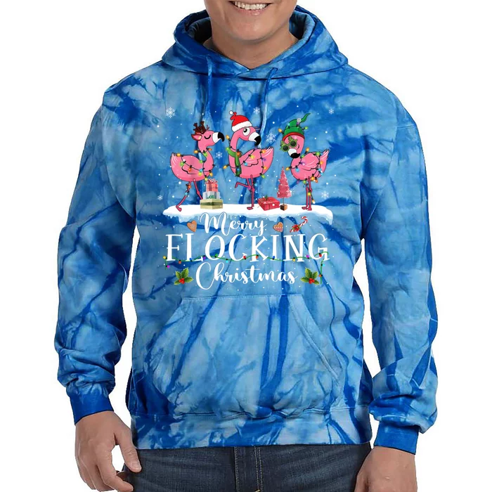 Merry Flocking Christmas Pink Flamingo Snow Lights Xmas Tree Cool Gift Tie Dye Hoodie