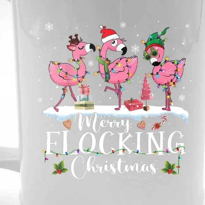 Merry Flocking Christmas Pink Flamingo Snow Lights Xmas Tree Cool Gift Front & Back Beer Stein