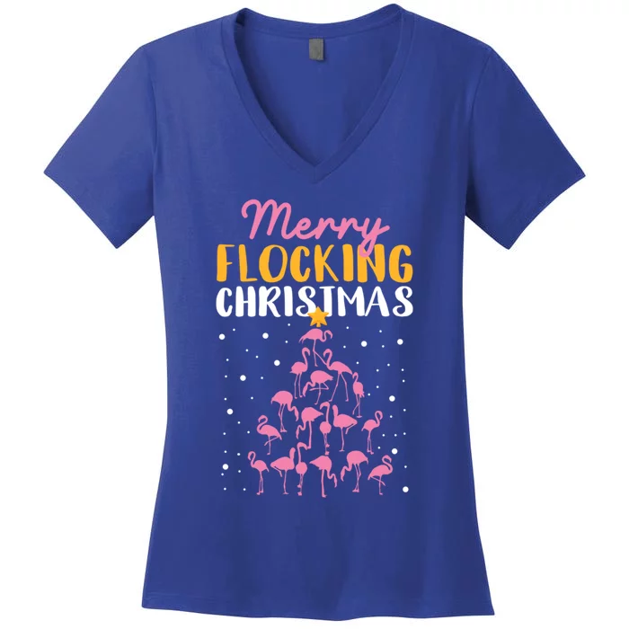 Merry Flocking Christmas Pink Flamingo Xmas Tree Lights Cool Gift Women's V-Neck T-Shirt