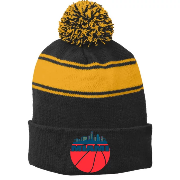 Miami Florida Cityscape Retro Basketball For Fans Stripe Pom Pom Beanie