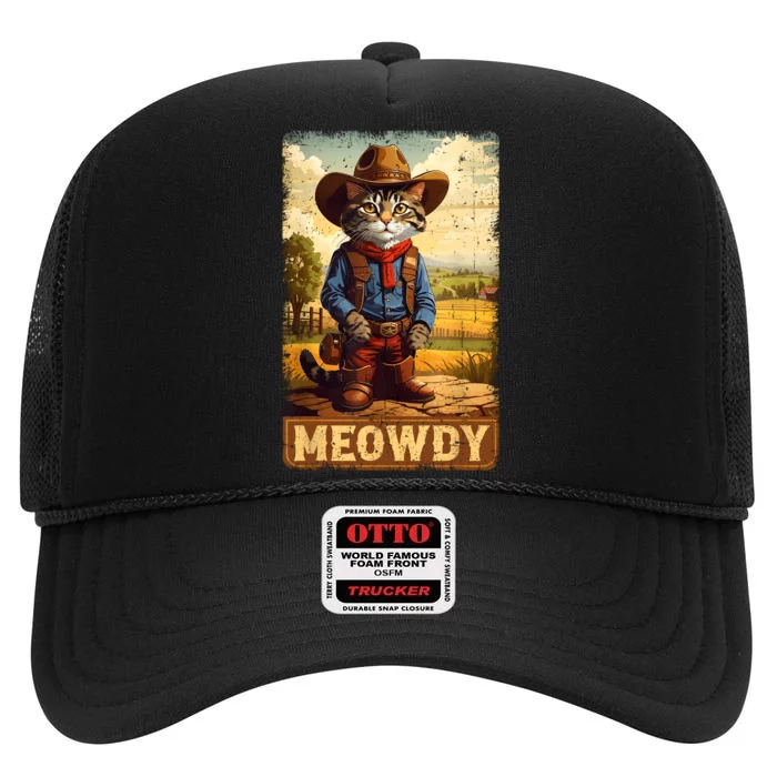 Meowdy Funny Country Side Cat Hat Vintage Cowboy Cat High Crown Mesh Trucker Hat