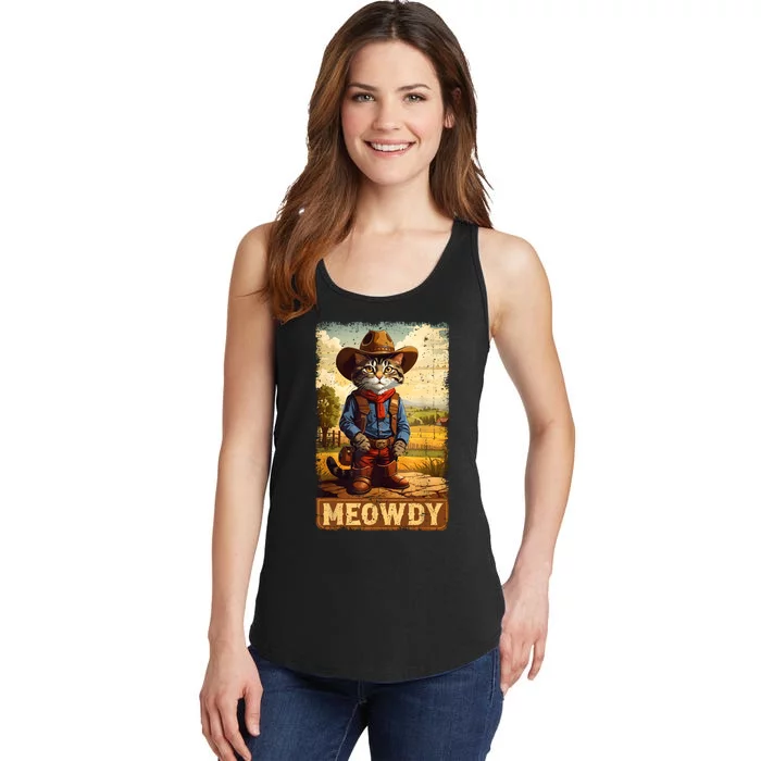 Meowdy Funny Country Side Cat Hat Vintage Cowboy Cat Ladies Essential Tank