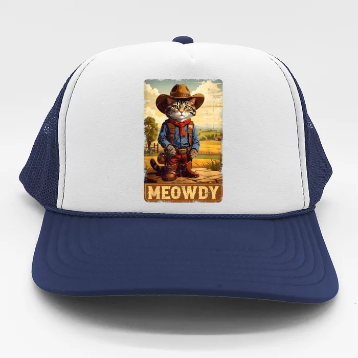 Meowdy Funny Country Side Cat Hat Vintage Cowboy Cat Trucker Hat