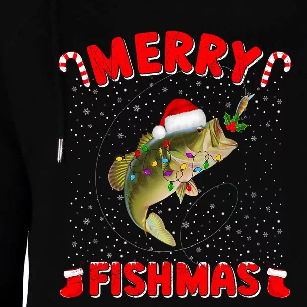 Merry Fishmas Christmas Bass Fishing Xmas Fishing Pajama Womens Funnel Neck Pullover Hood