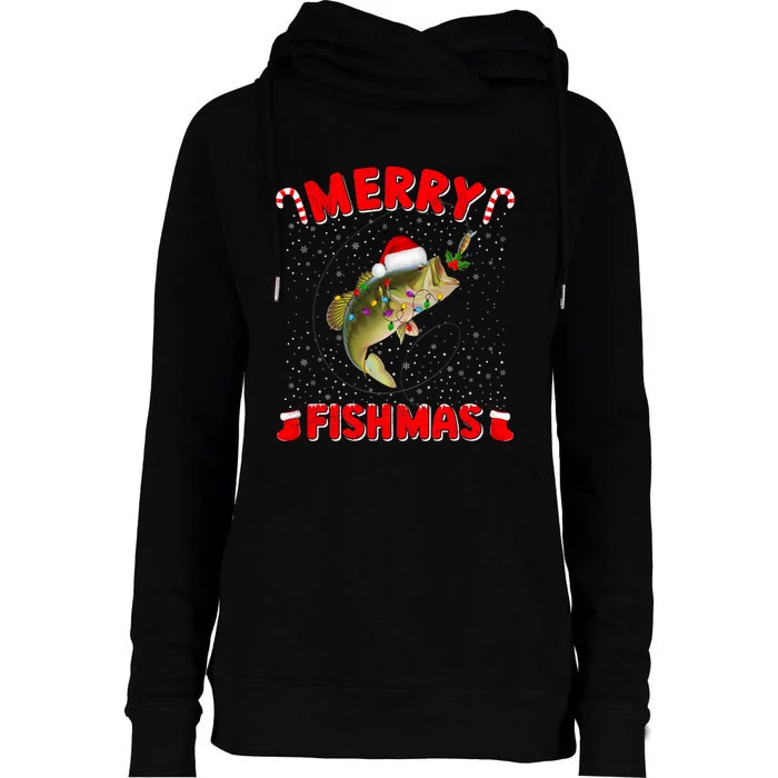 Merry Fishmas Christmas Bass Fishing Xmas Fishing Pajama Womens Funnel Neck Pullover Hood