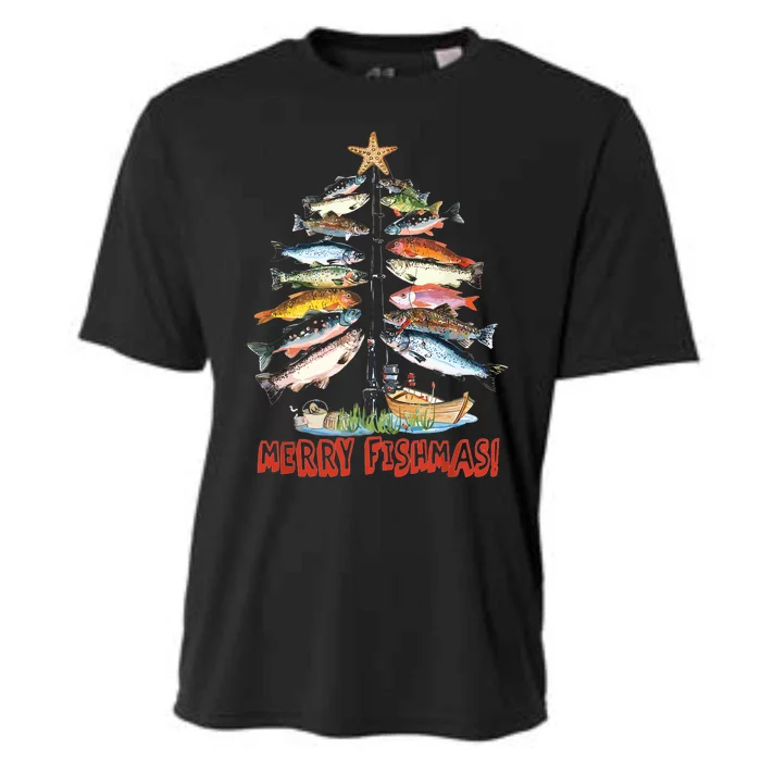 Merry Fishmas Christmas Tree Fish Funny Fishing Cooling Performance Crew T-Shirt